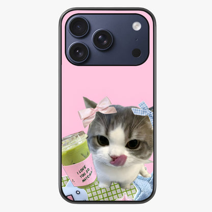 Love Matcha Cat Glass Case showing full back design in clean flat view with glossy glass finish.