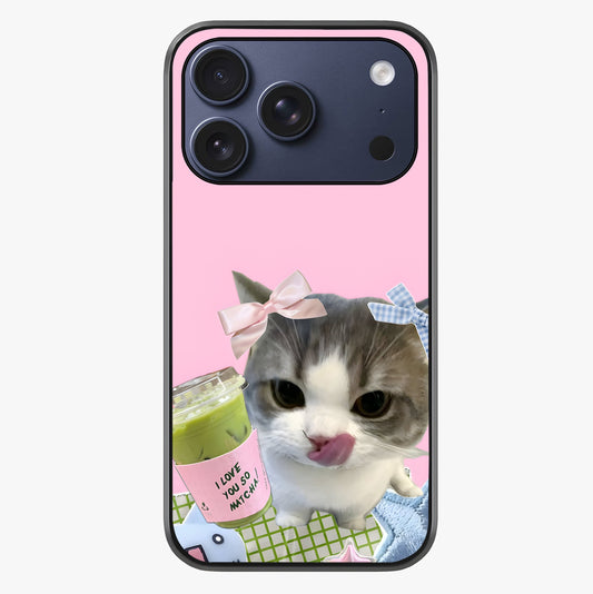 Love Matcha Cat Glass Case showing full back design in clean flat view with glossy glass finish.