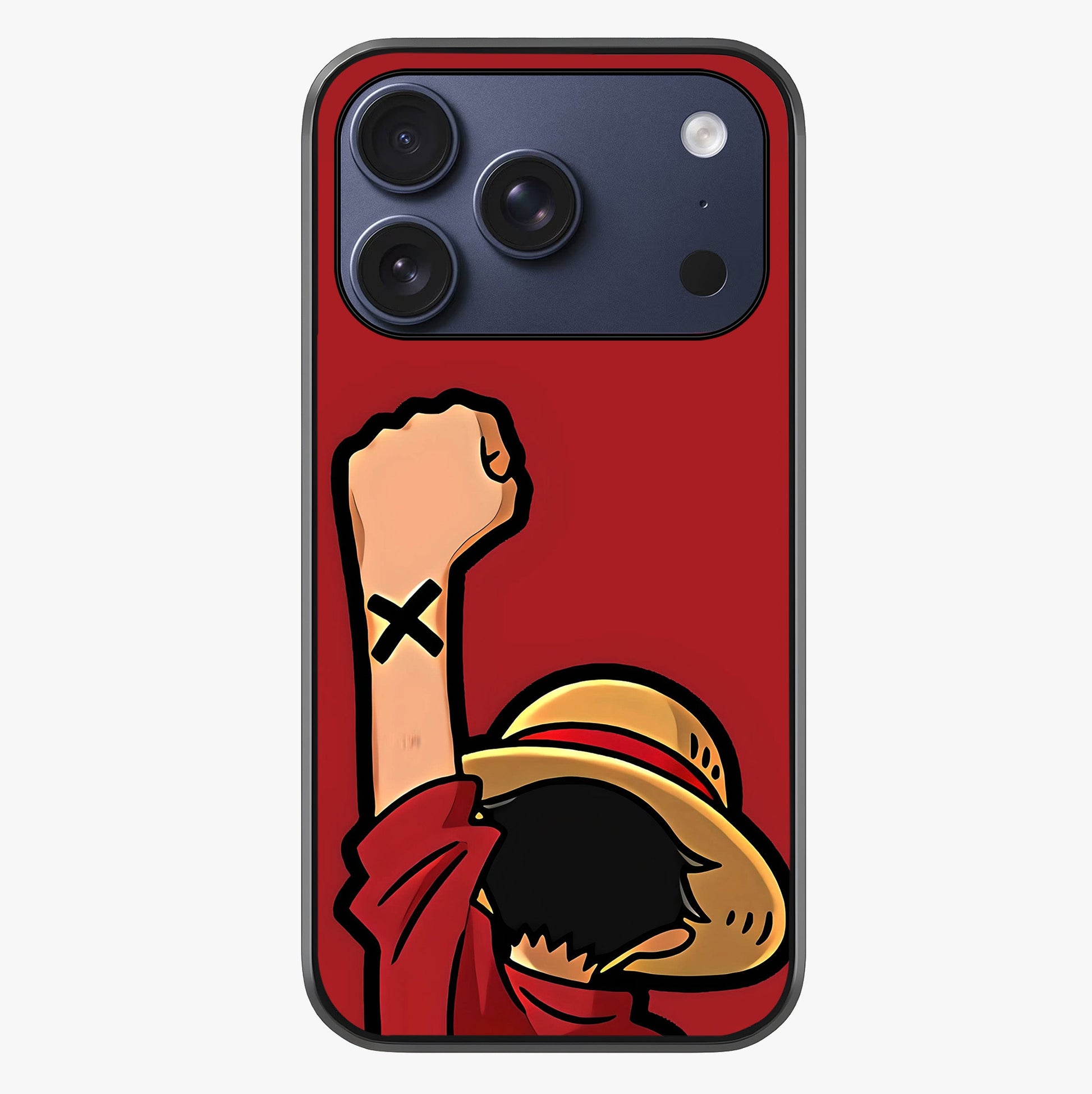 Luffy X Spirit Glass Case showing full back design in clean flat view with glossy glass finish.
