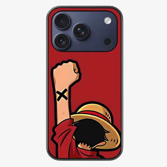Luffy X Spirit Glass Case showing full back design in clean flat view with glossy glass finish.
