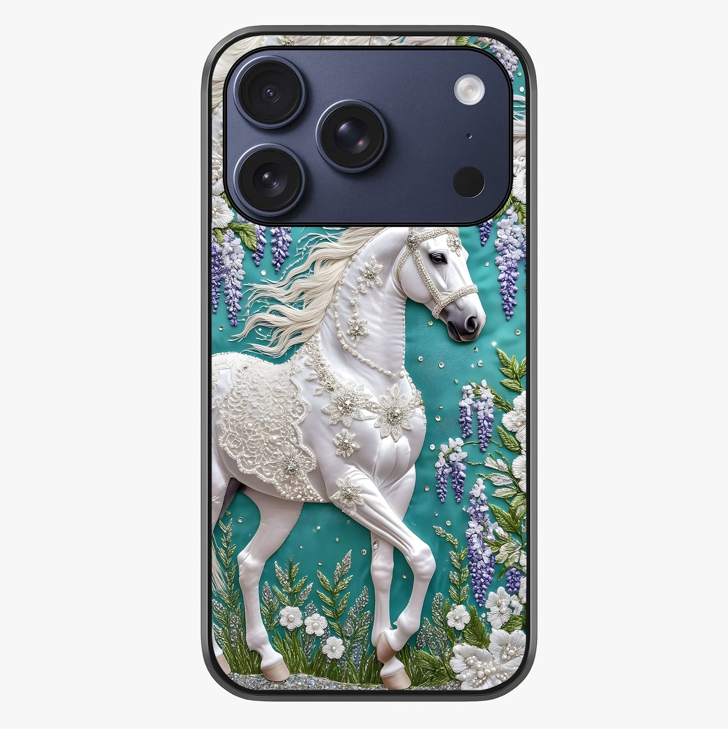 Majestic Floral Stallion Glass Case showing full back design in clean flat view with glossy glass finish.