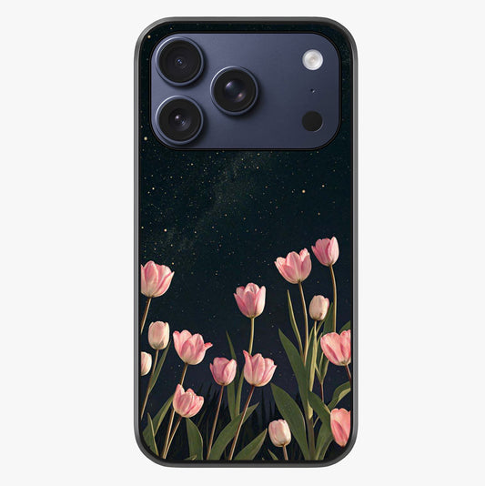 Midnight Tulip Whispers Vibe Glass Case showing full back design in clean flat view with glossy glass finish.