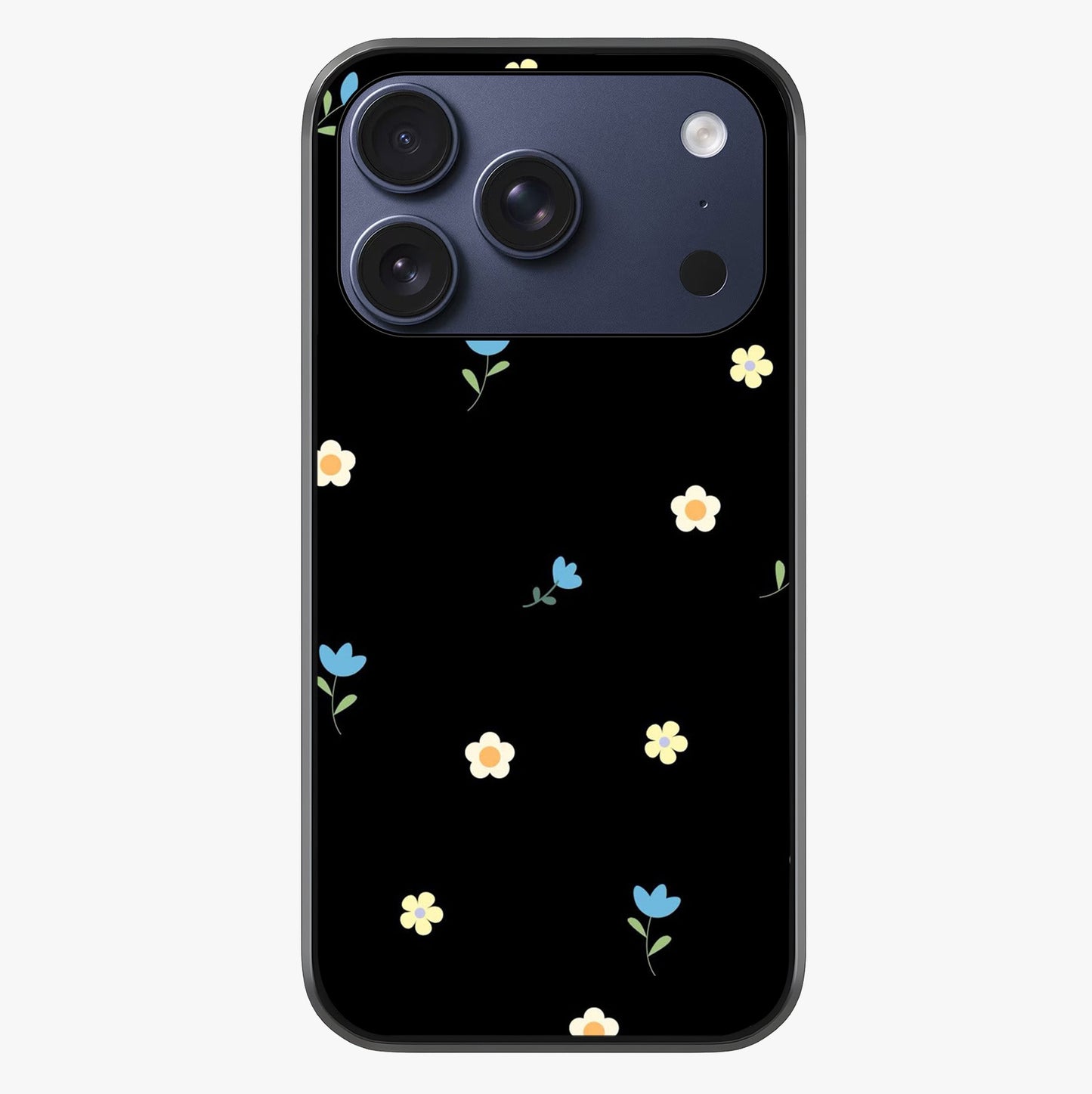 Minimalistic Blue With White Flower Pattern Glass Case showing full back design in clean flat view with glossy glass finish.