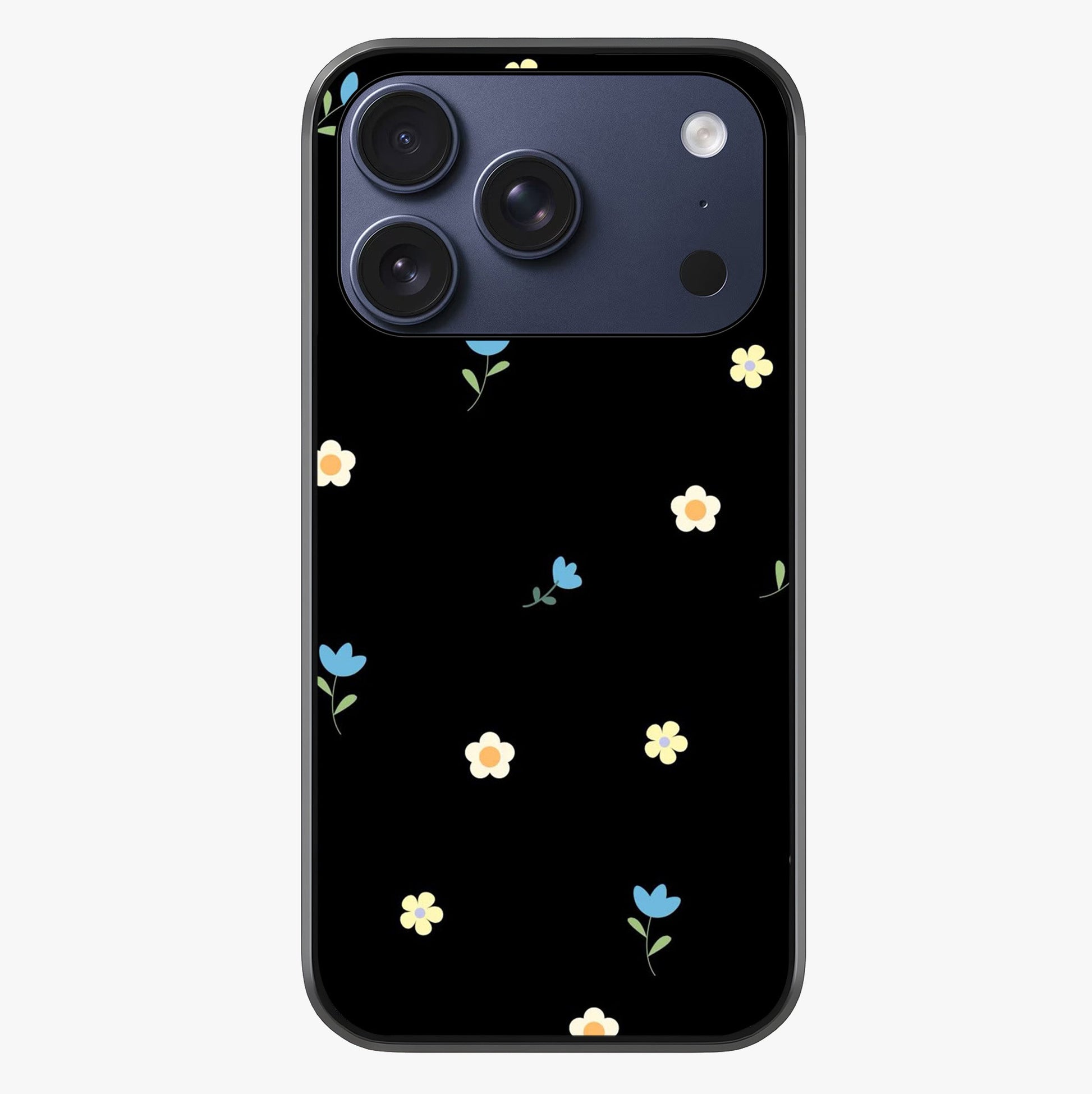 Minimalistic Blue With White Flower Pattern Glass Case showing full back design in clean flat view with glossy glass finish.