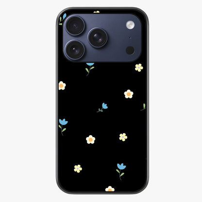 Minimalistic Blue With White Flower Pattern Glass Case showing full back design in clean flat view with glossy glass finish.