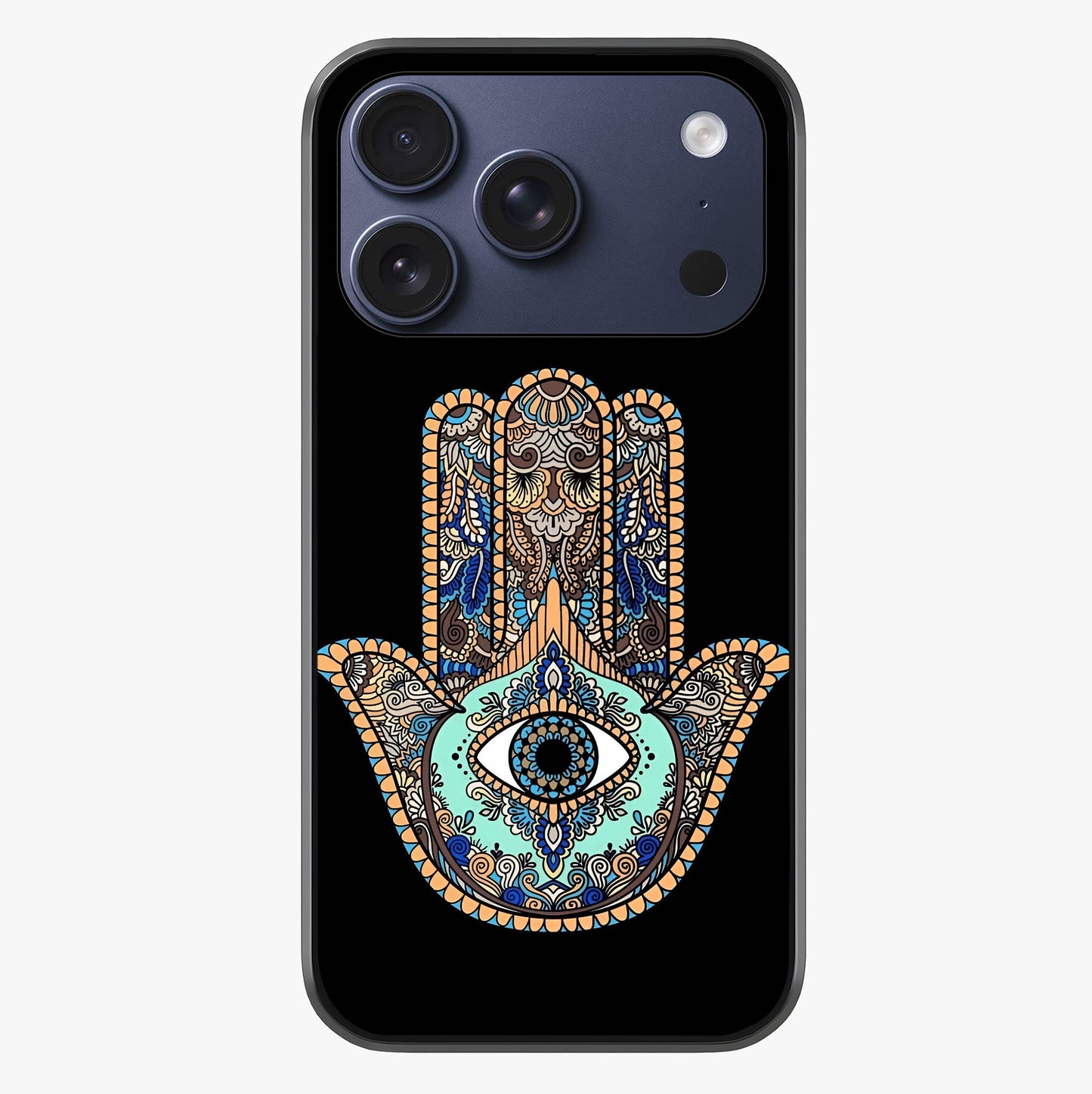 Mystic Hamsa Eye Glass Case showing full back design in clean flat view with glossy glass finish.