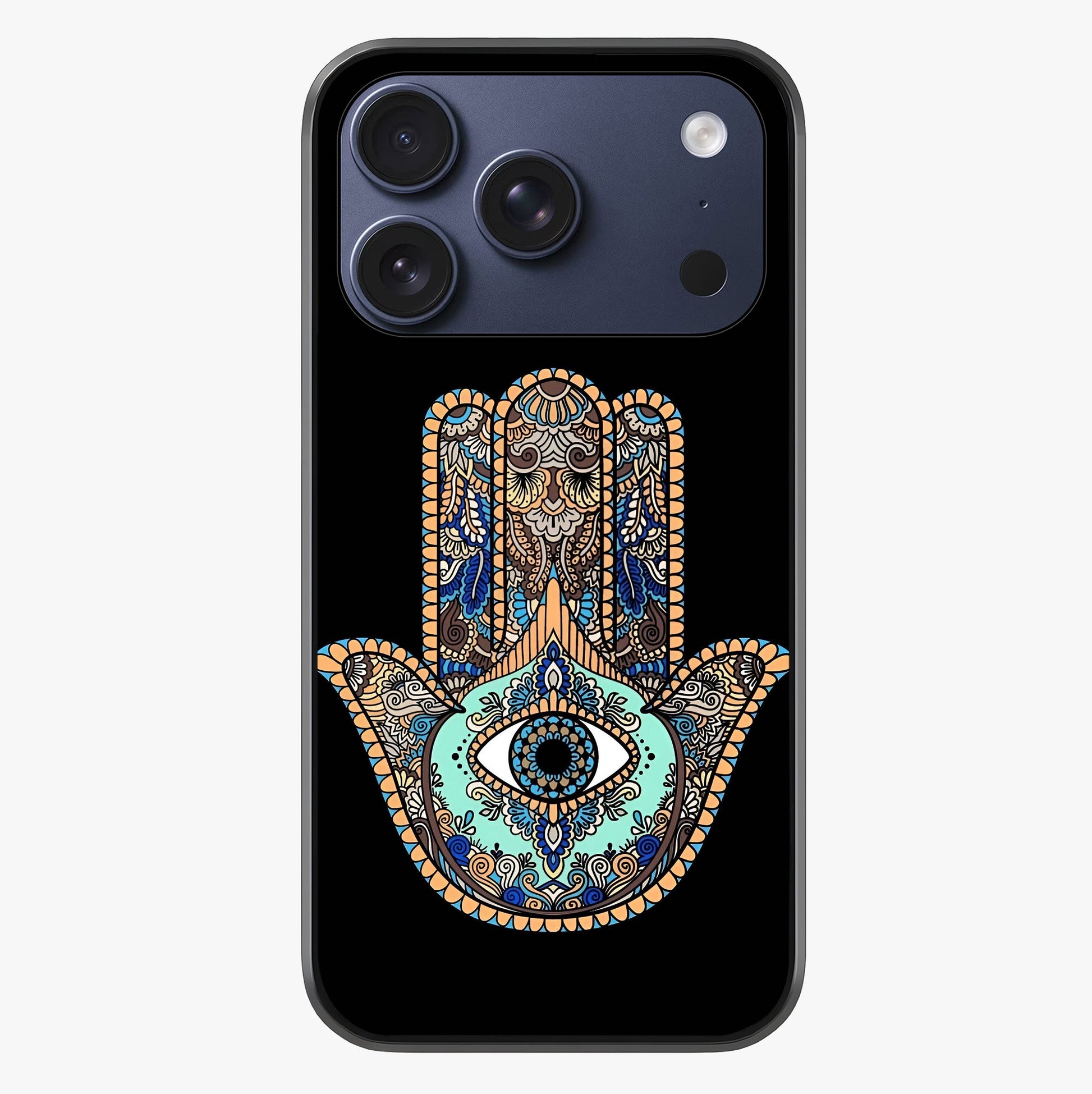 Mystic Hamsa Eye Glass Case showing full back design in clean flat view with glossy glass finish.