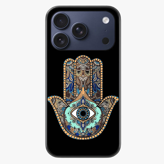 Mystic Hamsa Eye Glass Case showing full back design in clean flat view with glossy glass finish.