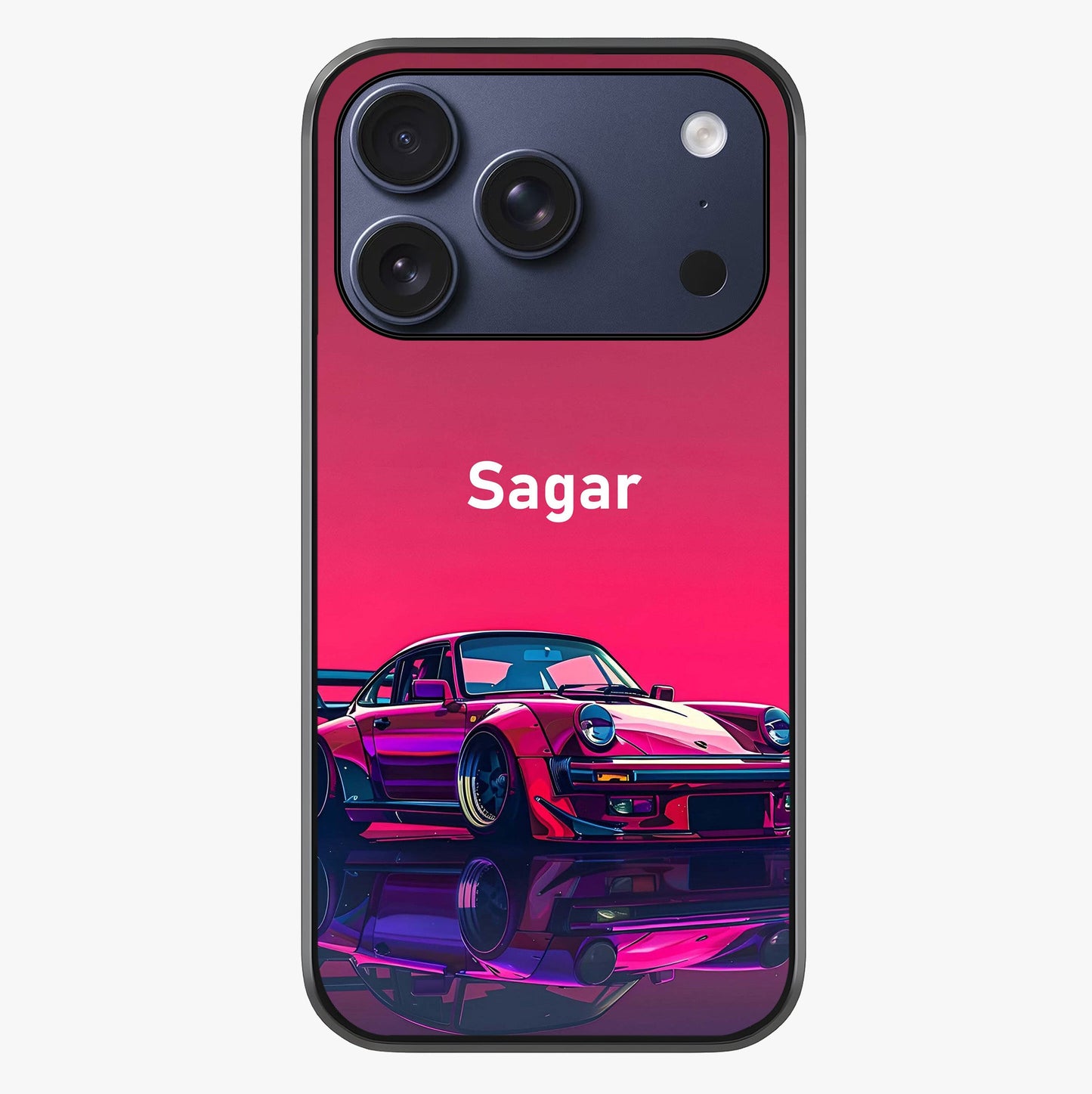 Neon Pink Porsche Glass Case showing full back design in clean flat view with glossy glass finish.