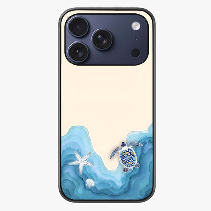 Ocean Drift Turtle Glass Case showing full back design in clean flat view with glossy glass finish.