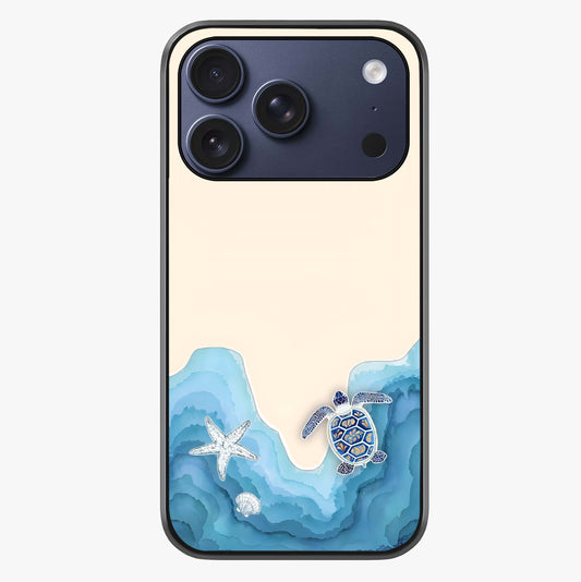 Ocean Drift Turtle Glass Case showing full back design in clean flat view with glossy glass finish.