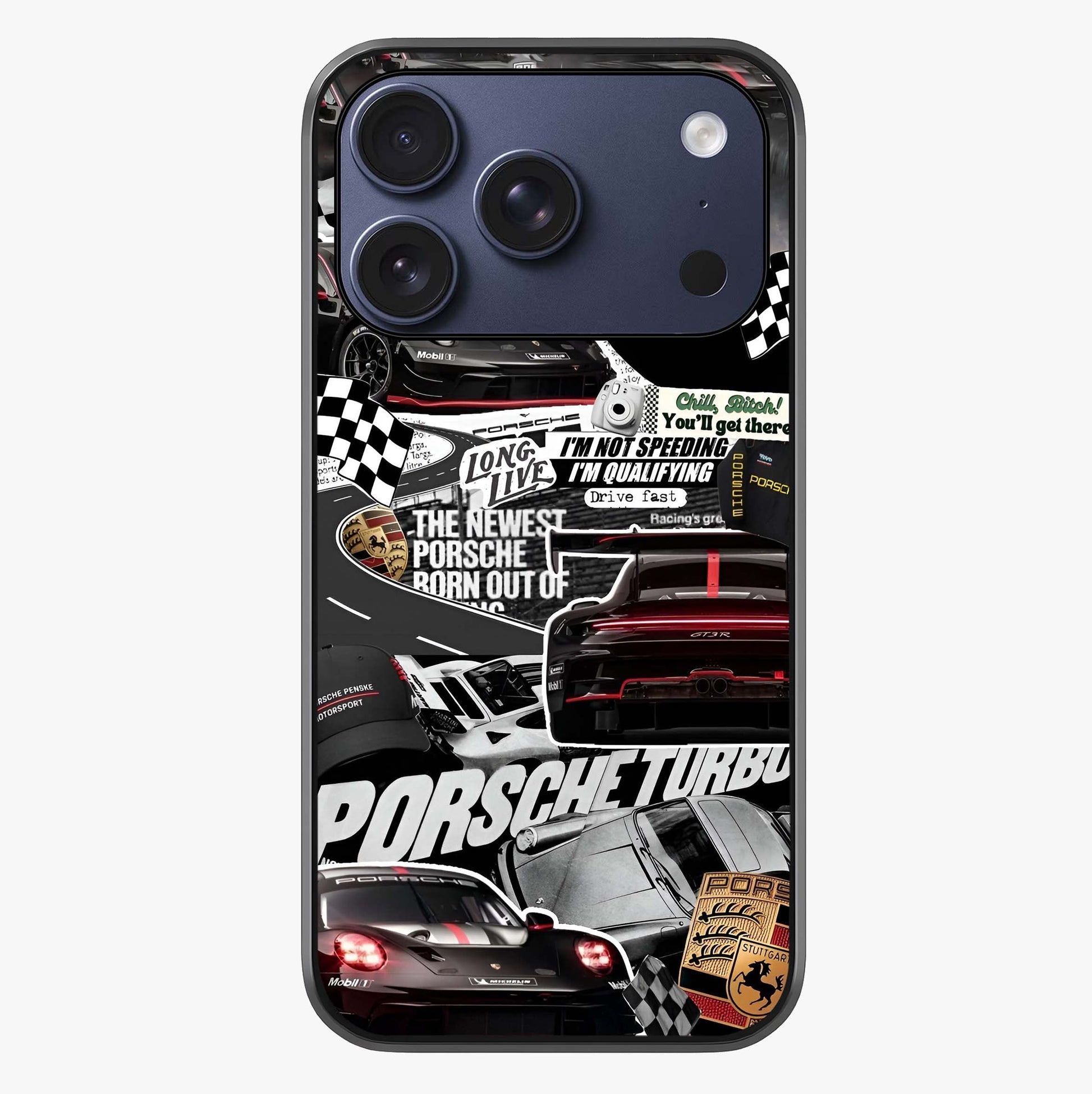 Porsche Racing Collage Glass Case showing full back design in clean flat view with glossy glass finish.