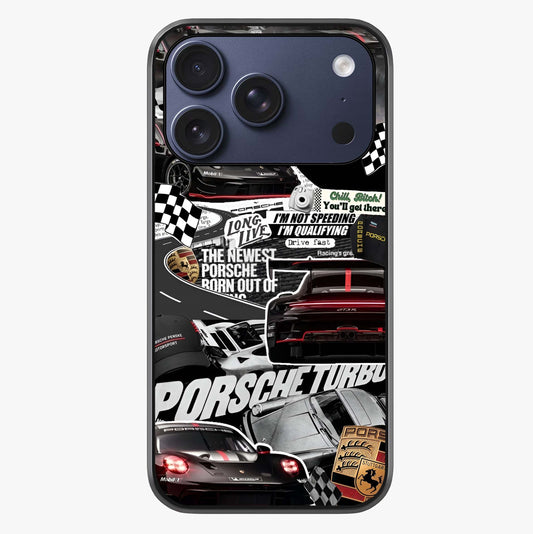 Porsche Racing Collage Glass Case showing full back design in clean flat view with glossy glass finish.