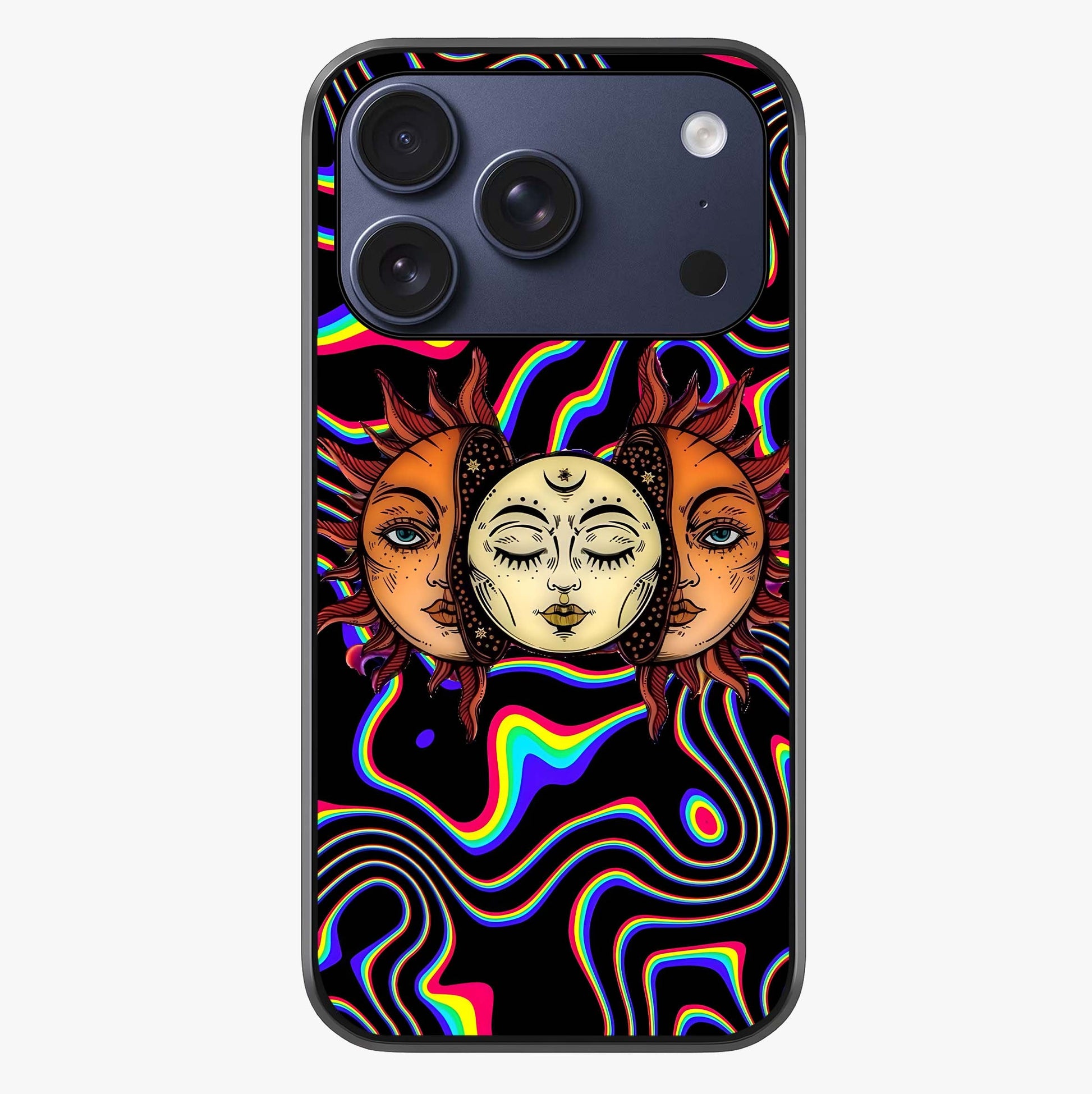 Psychedelic Sun Glass Case showing full back design in clean flat view with glossy glass finish.