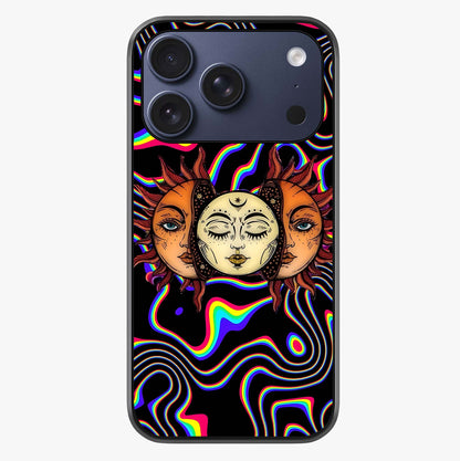 Psychedelic Sun Glass Case showing full back design in clean flat view with glossy glass finish.