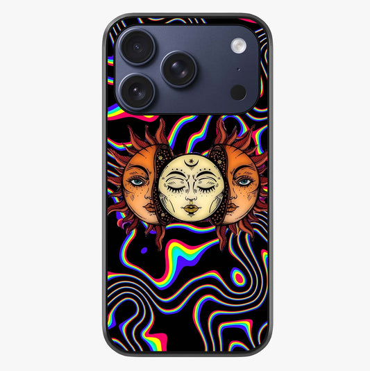 Psychedelic Sun Glass Case showing full back design in clean flat view with glossy glass finish.