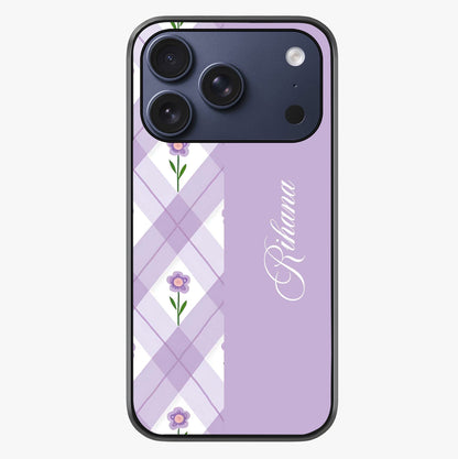 Purple Diamond Floral Glass Case showing full back design in clean flat view with glossy glass finish.