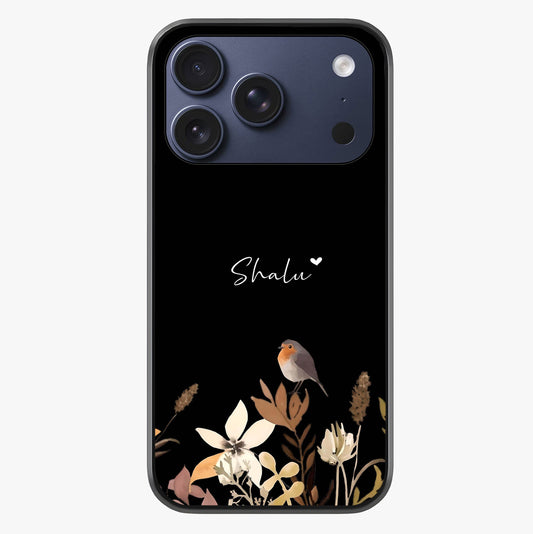 Quiet Garden Tune Custom Name Glass Case showing full back design in clean flat view with glossy glass finish.