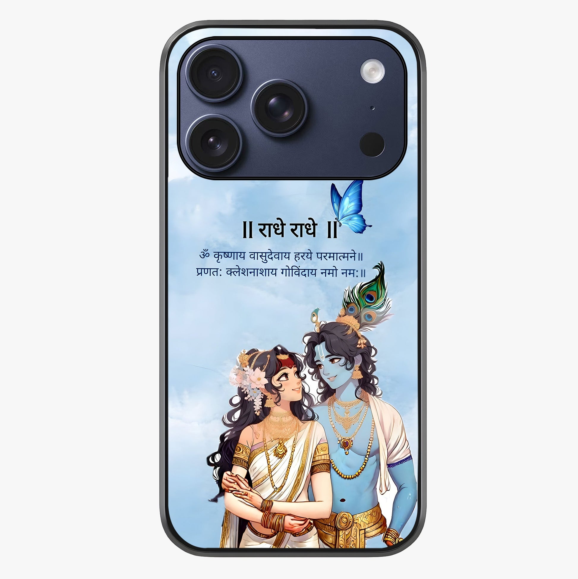 Radha Krishna Eternal Glass Case showing full back design in clean flat view with glossy glass finish.
