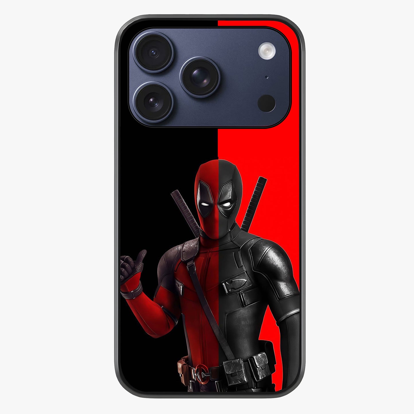 Red & Black Deadpool Theme Glass Case showing full back design in clean flat view with glossy glass finish.