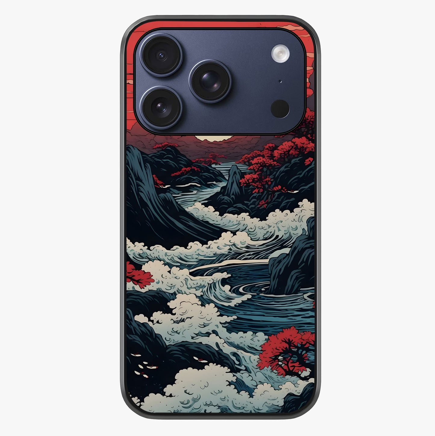 Red Sunset Scenery Glass Case showing full back design in clean flat view with glossy glass finish.