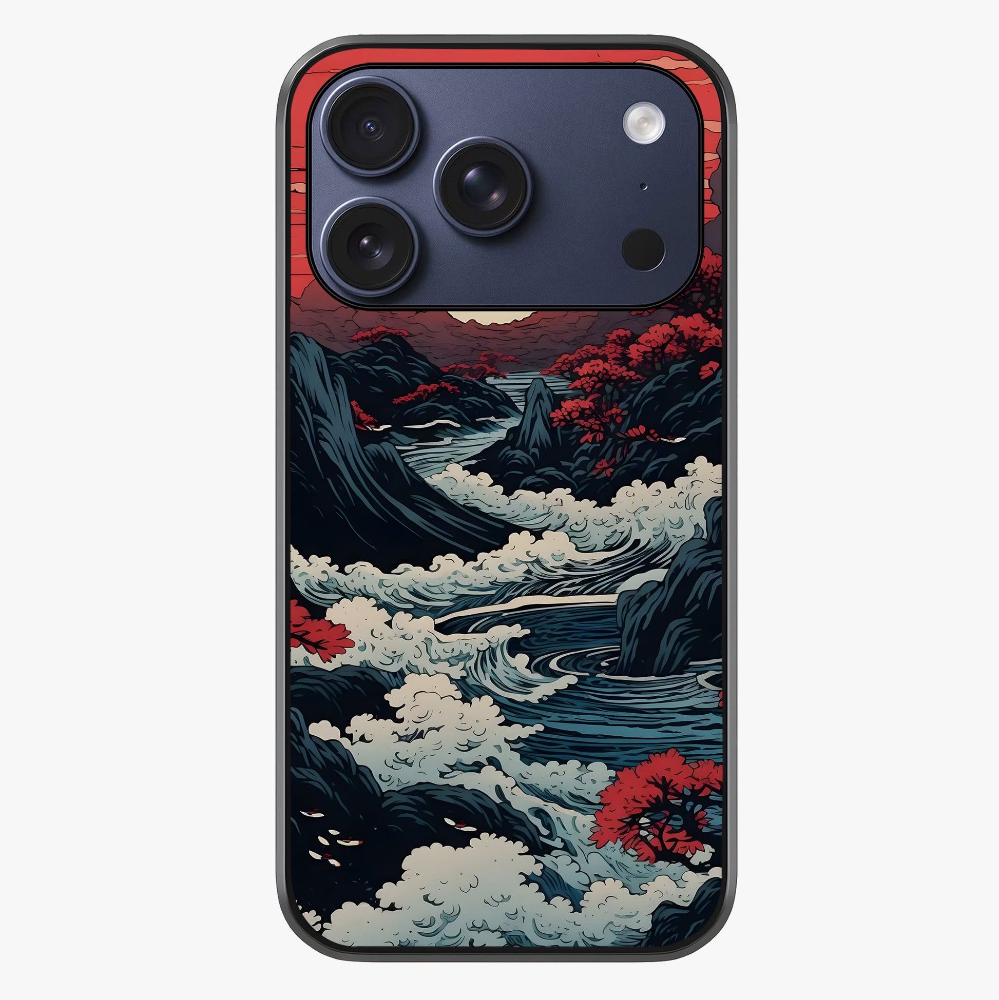 Red Sunset Scenery Glass Case showing full back design in clean flat view with glossy glass finish.
