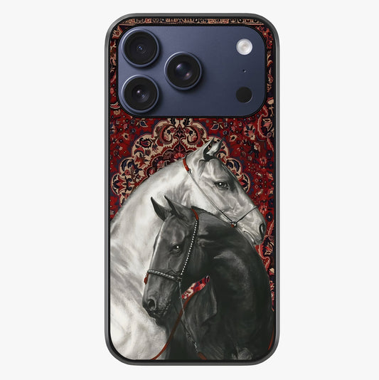 Regal Stallion Tapestry Glass Case showing full back design in clean flat view with glossy glass finish.