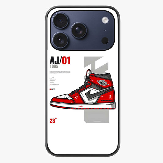 Retro Sneaker Blueprint Glass Case showing full back design in clean flat view with glossy glass finish.