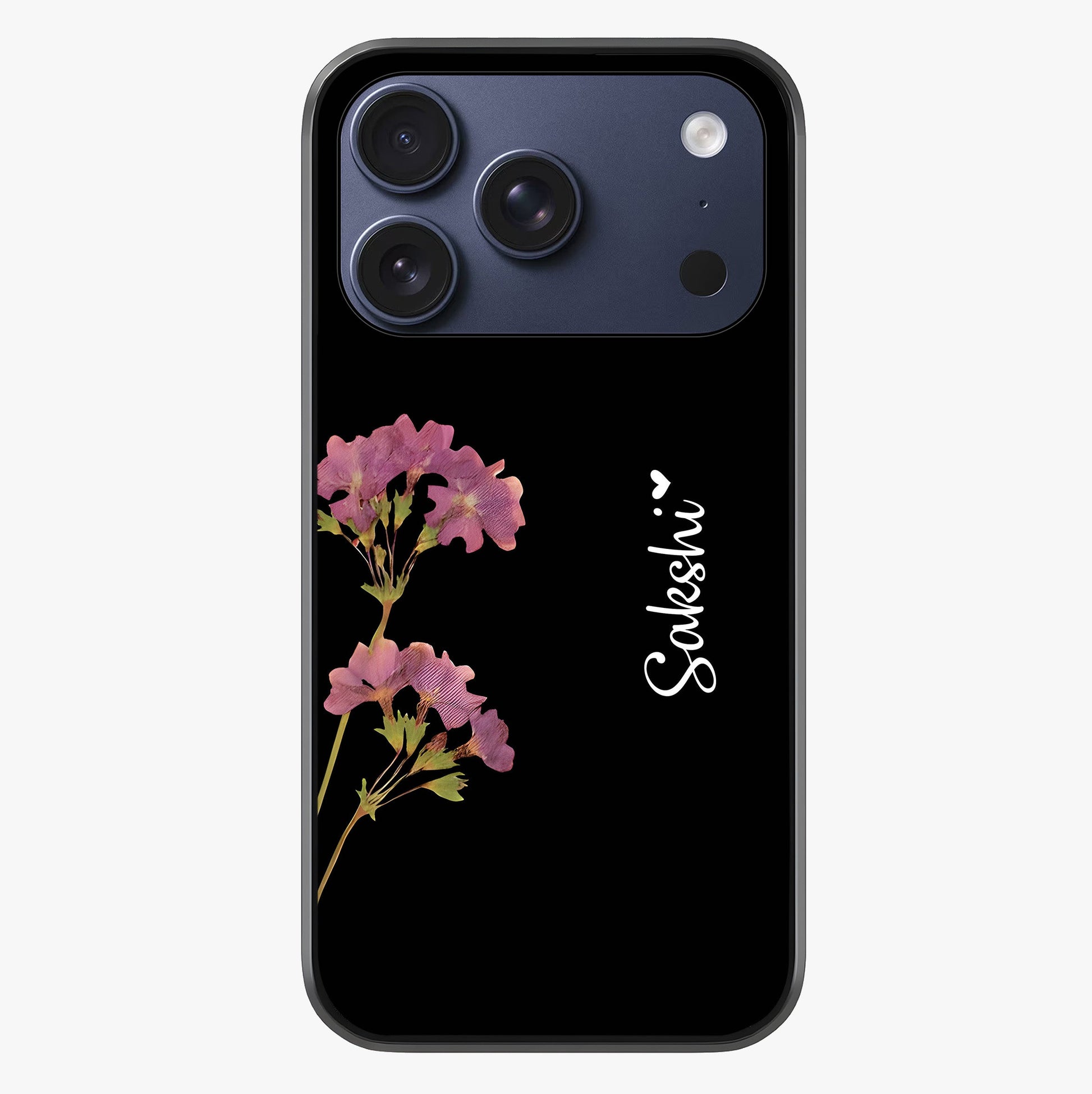 Riching Lavender Flower Custom Name Glass Case showing full back design in clean flat view with glossy glass finish.
