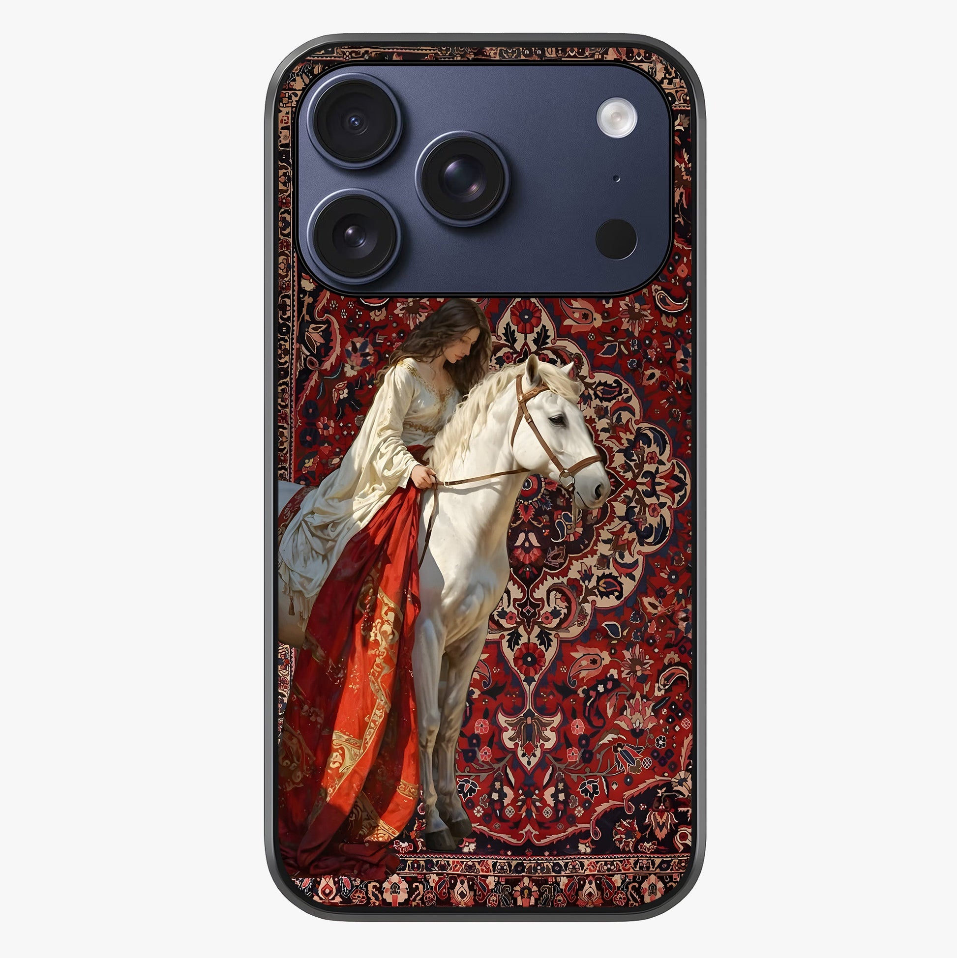 Royal Rider Tapestry Glass Case showing full back design in clean flat view with glossy glass finish.