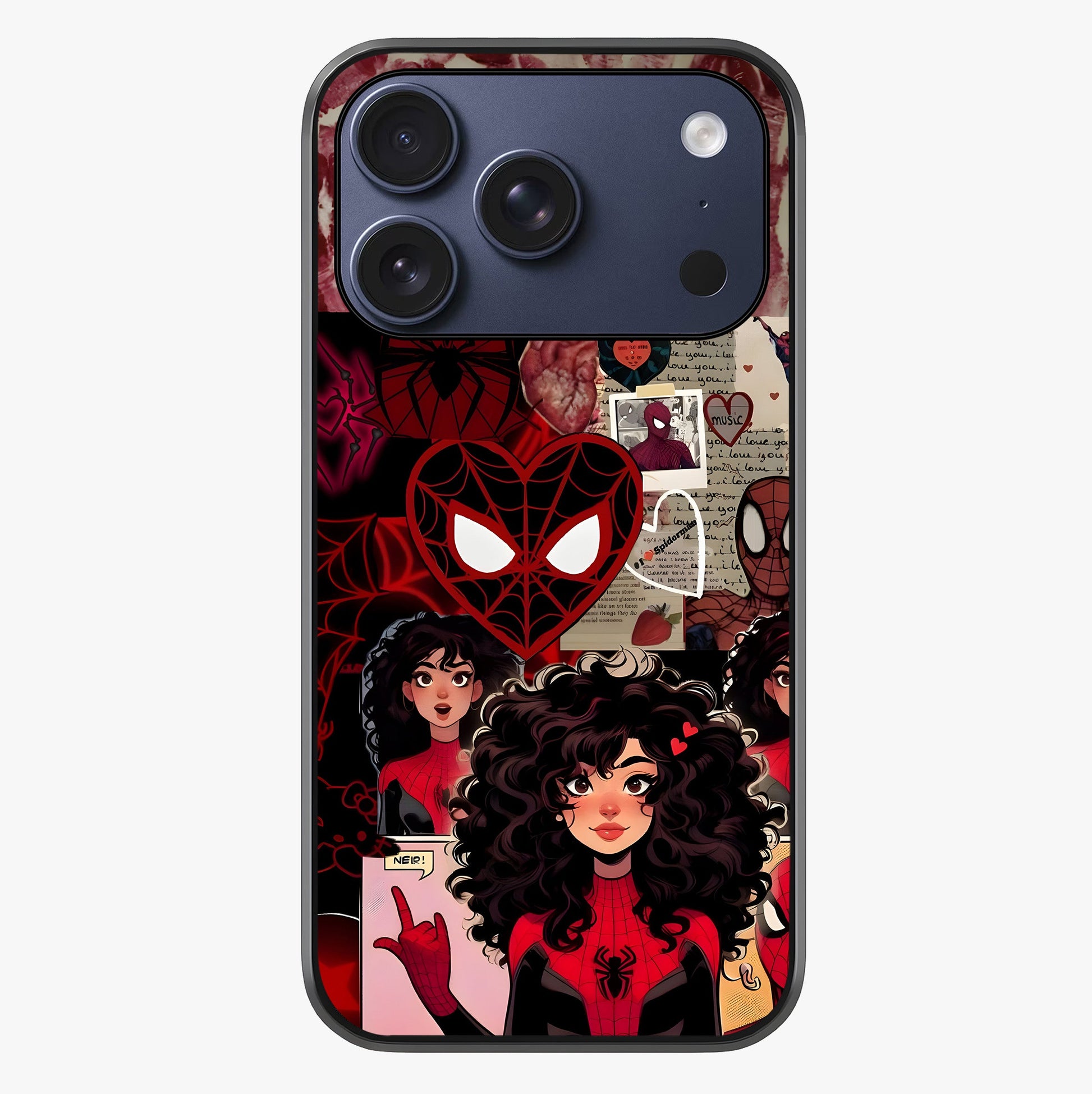 Spider Love Story Glass Case showing full back design in clean flat view with glossy glass finish.