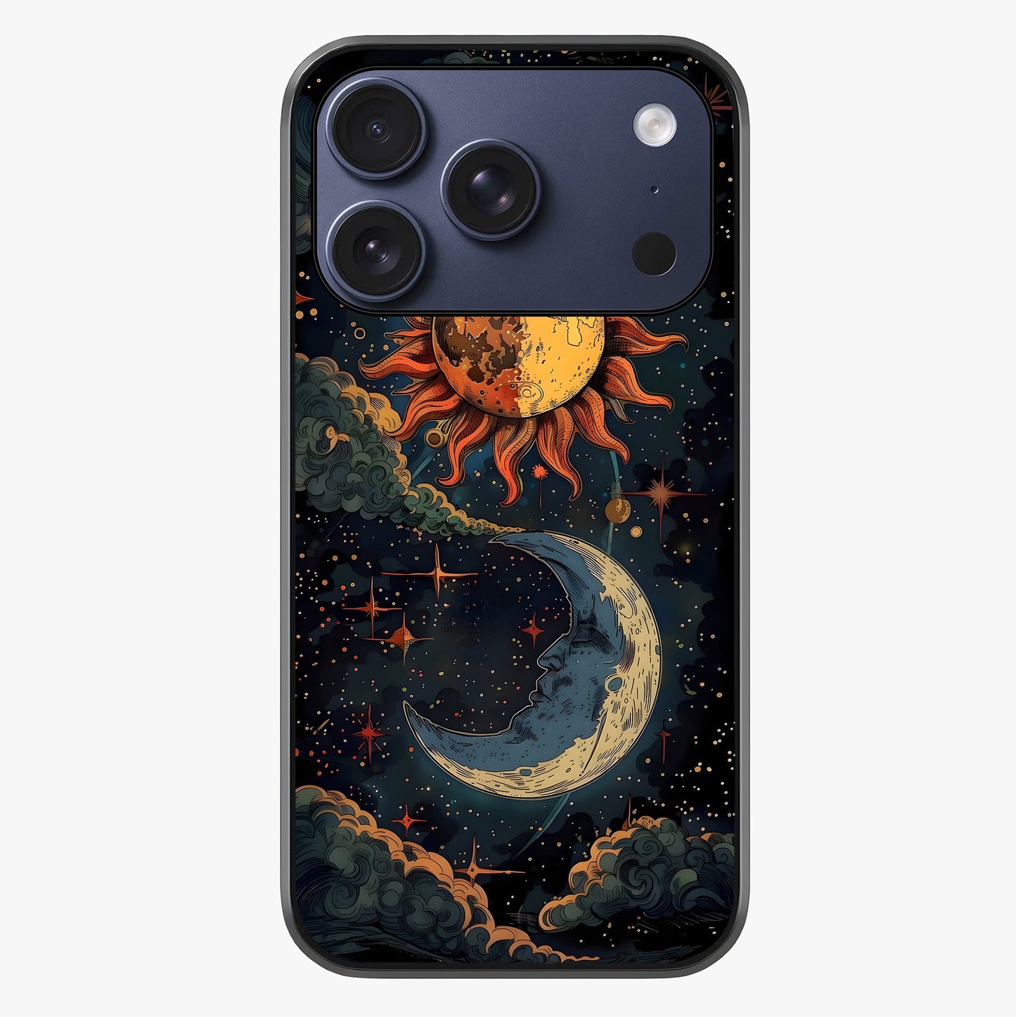 Sun And Moon Magic Design Glass Case showing full back design in clean flat view with glossy glass finish.