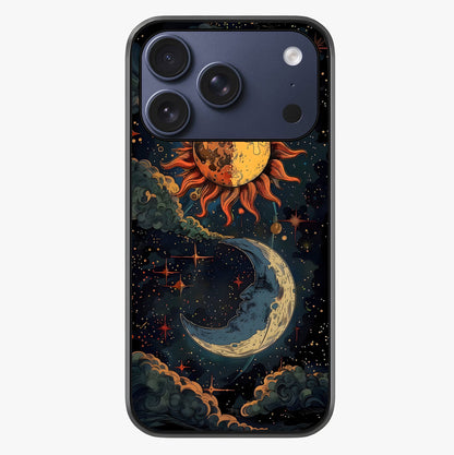 Sun And Moon Magic Design Glass Case showing full back design in clean flat view with glossy glass finish.