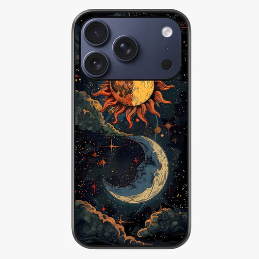 Sun And Moon Magic Design Glass Case showing full back design in clean flat view with glossy glass finish.