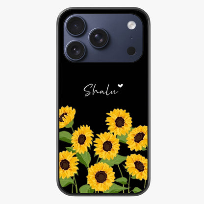 Sunflower Chic Mood Custom Name Glass Case showing full back design in clean flat view with glossy glass finish.