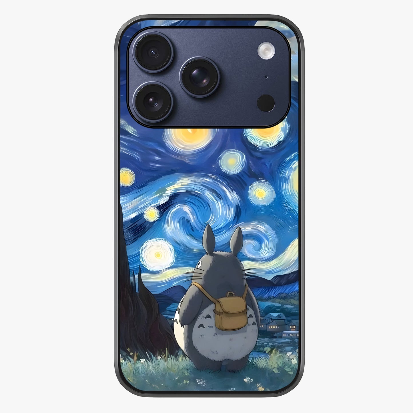 Totoro In Van Gogh Art Glass Case showing full back design in clean flat view with glossy glass finish.