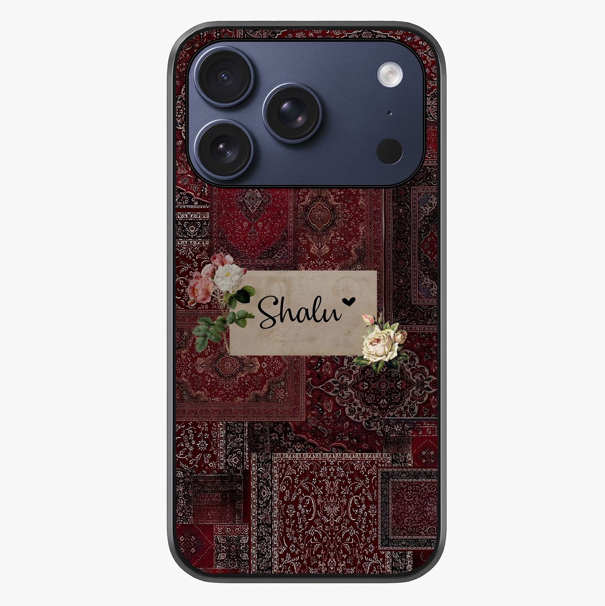 Velvet Wine Pattern Custom Name Glass Case showing full back design in clean flat view with glossy glass finish.