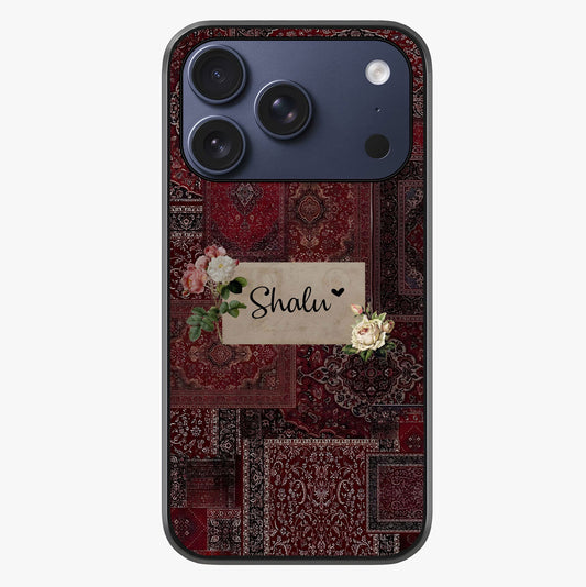 Velvet Wine Pattern Custom Name Glass Case showing full back design in clean flat view with glossy glass finish.