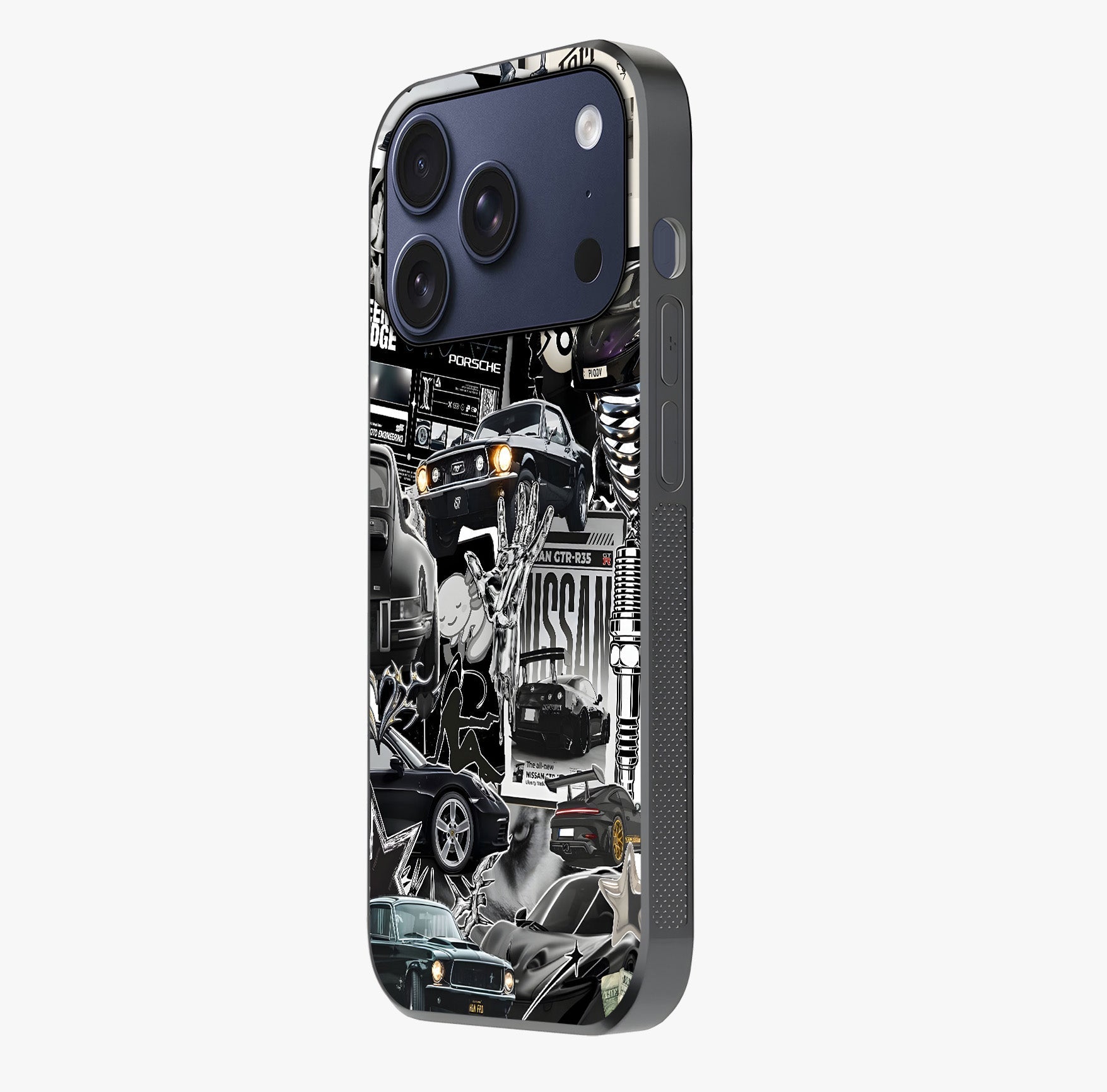 Aesthetic Dark Love Glass Case photographed in natural light showing reflective finish and design depth.