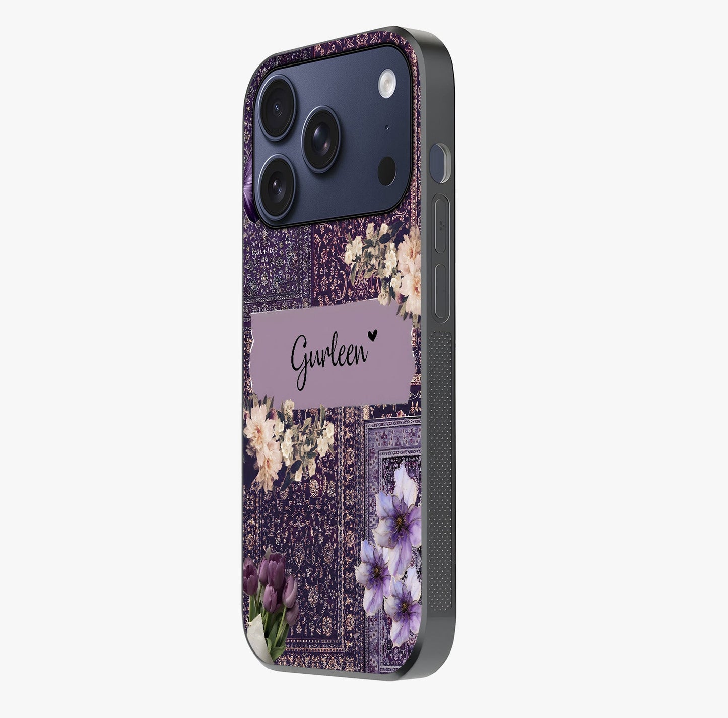 Antique Floral Whisper Custom Name Glass Case photographed in natural light showing reflective finish and design depth.