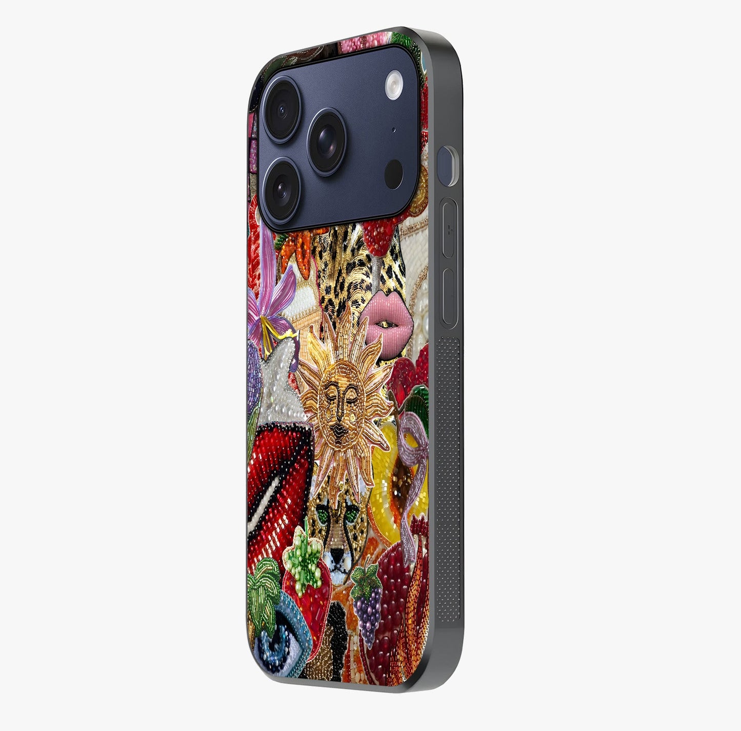Beaded Fashion Jungle Glass Case photographed in natural light showing reflective finish and design depth.
