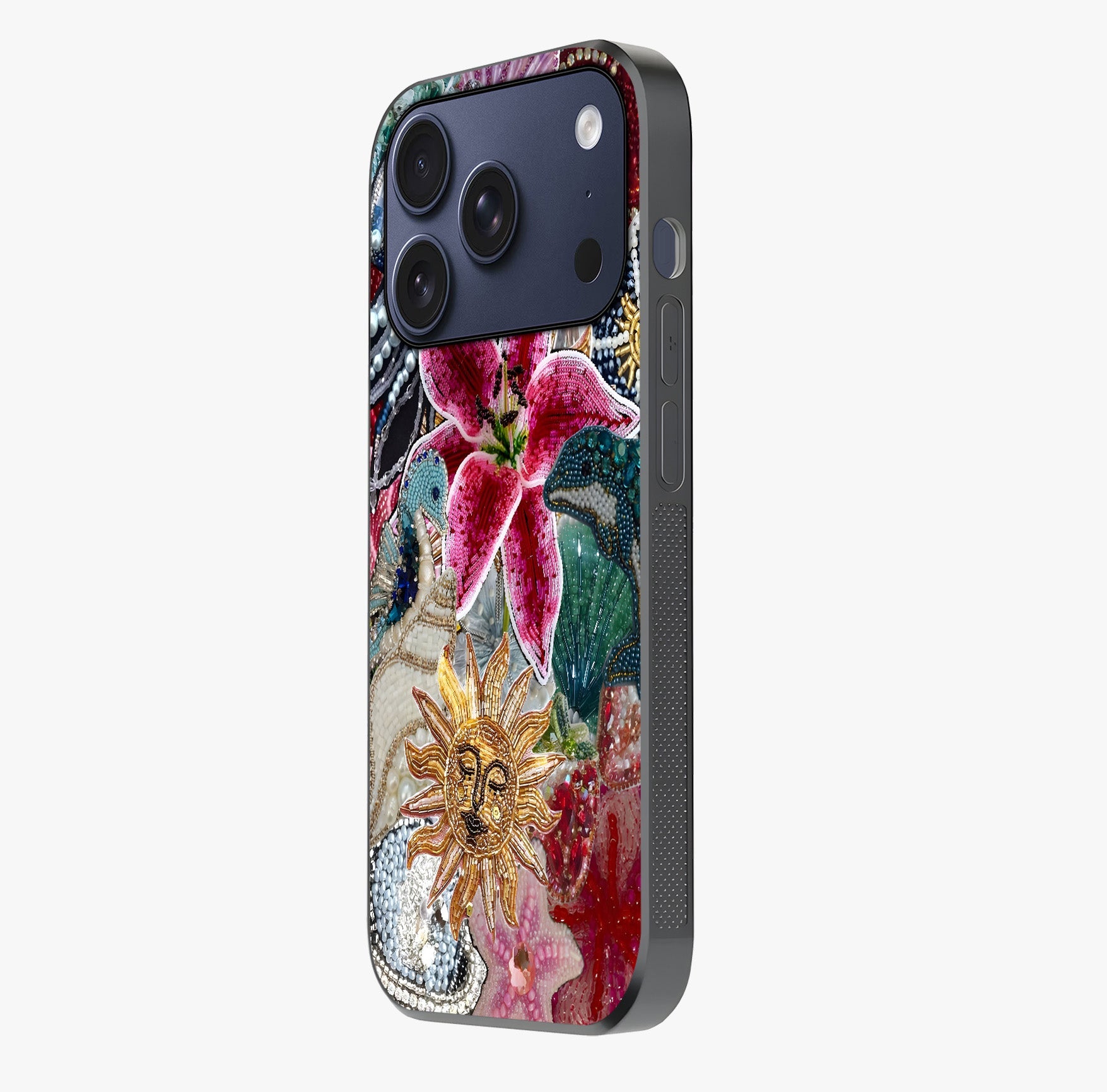 Beaded Garden Fantasy Glass Case photographed in natural light showing reflective finish and design depth.