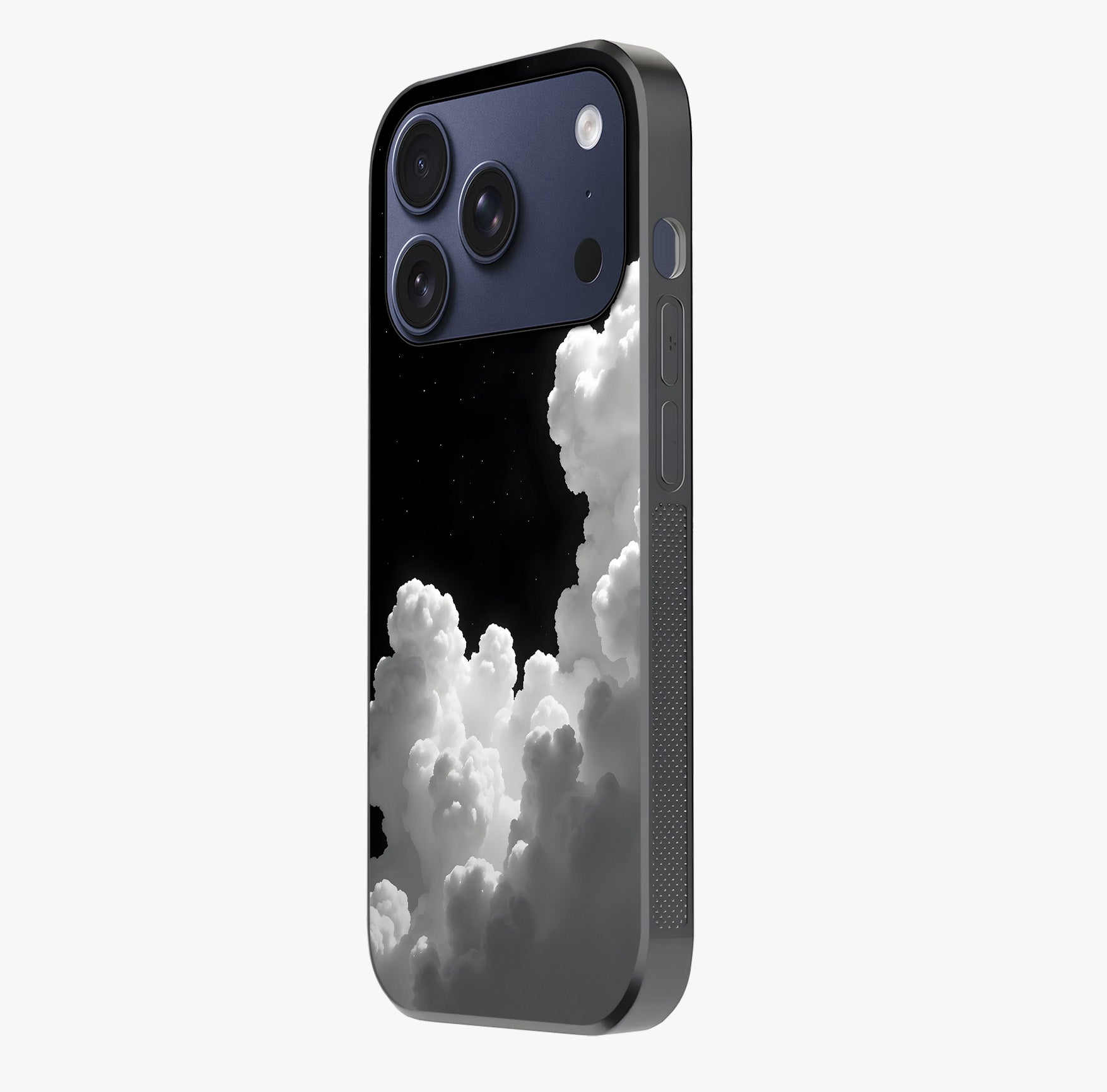 Black Background With White Cloud Glass Case photographed in natural light showing reflective finish and design depth.