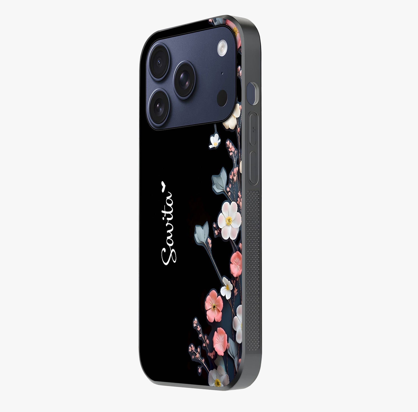 Black Elegance Floral Custom Name Glass Case photographed in natural light showing reflective finish and design depth.