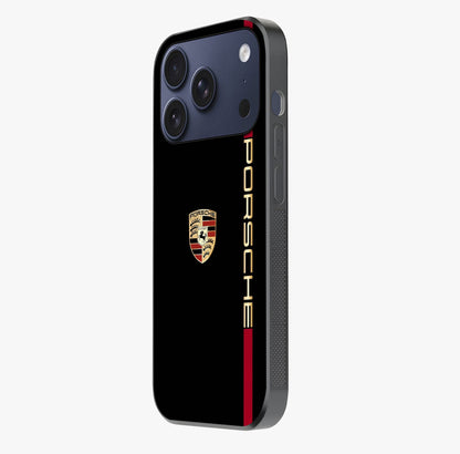 Black Minimal Porsche Glass Case photographed in natural light showing reflective finish and design depth.