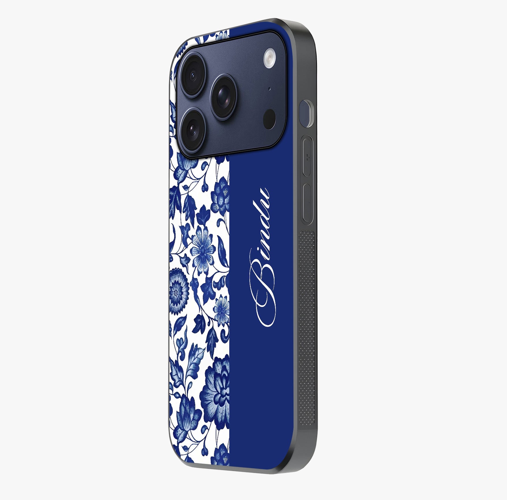 Blue Vintage Floral Pattern Glass Case photographed in natural light showing reflective finish and design depth.