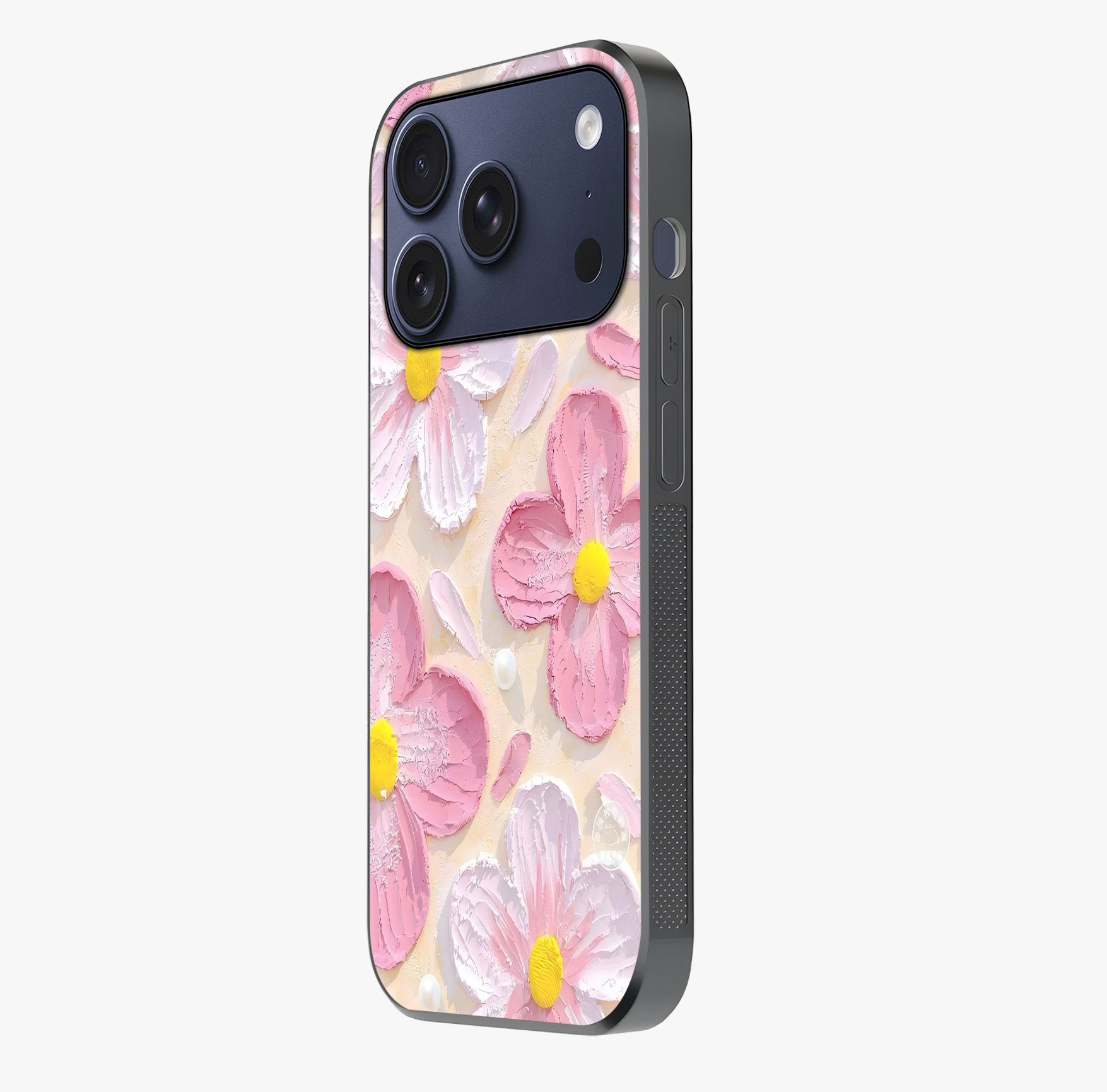 Blush Bloom Texture Glass Case photographed in natural light showing reflective finish and design depth.