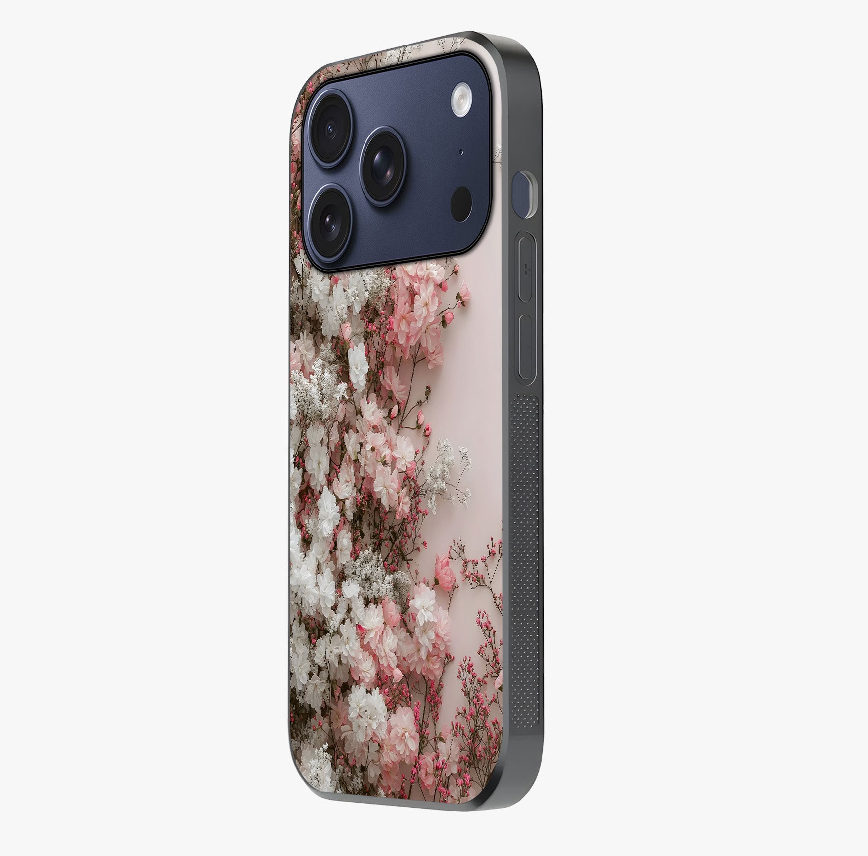Blush Blossom Cloud Glass Case photographed in natural light showing reflective finish and design depth.