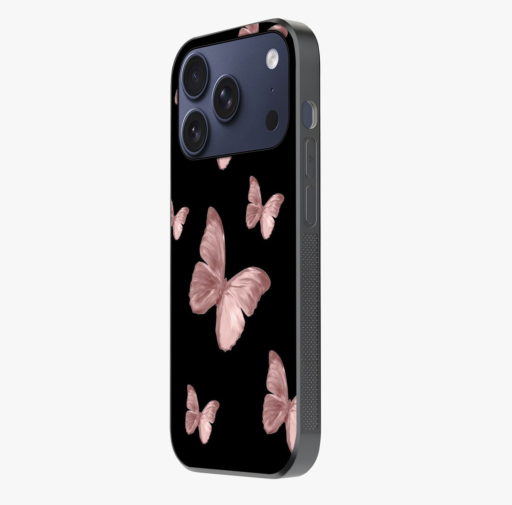 Butterfly Pattern Glass Case photographed in natural light showing reflective finish and design depth.
