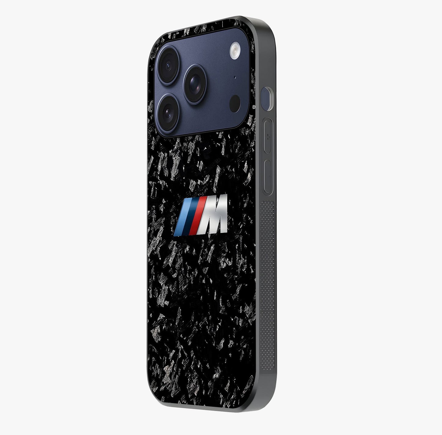 Carbon Speed Mark Glass Case photographed in natural light showing reflective finish and design depth.